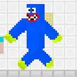 Postać z pikseli w niebieskim stroju z czerwonym uśmiechem i białymi zębami obok mniejszej postaci w niebieskiej koszulce i fioletowych spodniach na tle białych kafelków