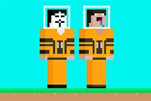 Dwa pikselowe postacie w pomarańczowych skafandrach kosmicznych stoją obok siebie na tle błękitnego nieba