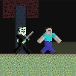 Postać z zieloną twarzą trzyma broń i ściga inną postać z pikselowym wyglądem na tle ciemnego podziemnego krajobrazu z pułapkami