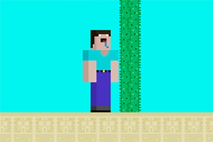 Pikselowy postać w niebieskiej koszulce i fioletowych spodniach stoi obok zielonego kaktusa na pustynnej powierzchni