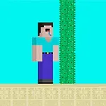 Pikselowy postać w niebieskiej koszulce i fioletowych spodniach stoi obok zielonego kaktusa na pustynnej powierzchni