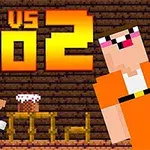 Postać w niebieskim ubraniu siedzi przy stole z ciastem, obok stoi postać w pomarańczowym stroju na tle drewnianej ściany z napisem NOOB VS PRO 2