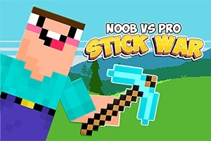Postać w pikselowej grafice trzymająca błękitny kilof, z napisem Noob vs Pro Stick War na tle zielonego krajobrazu