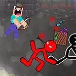 Postać w pikselowym stylu z łukiem oraz dwie stylizowane postacie w dynamicznej scenie z kolorowymi symbolami muzycznymi i dymem w tle