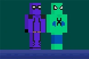 Dwa pikselowe postacie, jedna w fioletowym stroju z maską i druga w zielonym ubraniu z literą K, stoją na niebieskim tle