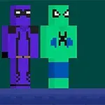 Dwa pikselowe postacie, jedna w fioletowym stroju z maską i druga w zielonym ubraniu z literą K, stoją na niebieskim tle