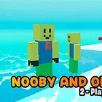 Dwie kanciaste postacie w kolorowych ubraniach stojące na jasnoniebieskiej platformie z napisem NOOBY AND OBBY 2-Player