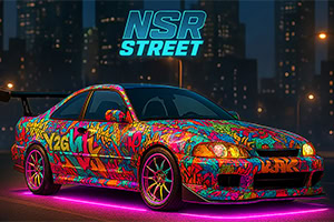 Samochód sportowy z kolorowym graffiti na karoserii, stojący na tle nocnego miasta z neonowymi światłami