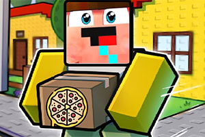 Postać o kwadratowej twarzy trzymająca pudełko z pizzą na tle kolorowego, pikselowego miasta