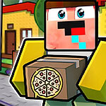 Postać o kwadratowej twarzy trzymająca pudełko z pizzą na tle kolorowego, pikselowego miasta