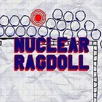 Rysunek przedstawiający niebieskie kulki, czerwony cel, działko po lewej stronie oraz tytuł NUCLEAR RAGDOLL na pogniecionej kartce papieru