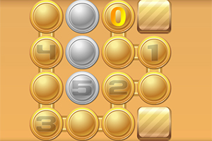 Graficzny układ okrągłych przycisków z numerami 0-5 na złotym i srebrnym tle, z dwoma kwadratowymi płytkami w prawym górnym rogu na pomarańczowym tle