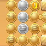 Graficzny układ okrągłych przycisków z numerami 0-5 na złotym i srebrnym tle, z dwoma kwadratowymi płytkami w prawym górnym rogu na pomarańczowym tle