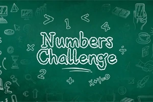 Napis Numbers Challenge na zielonej tablicy otoczonej symbolami matematycznymi i rysunkami