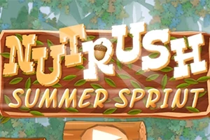 Kolorowy napis „Nut Rush Summer Sprint” na tle lasu z liśćmi i drewnianym motywem