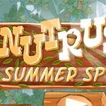 Kolorowy napis „Nut Rush Summer Sprint” na tle lasu z liśćmi i drewnianym motywem