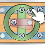 Drewniana tablica z ruchomymi elementami i rysunkiem ręki wskazującej na metalowy kołek w centralnym okręgu