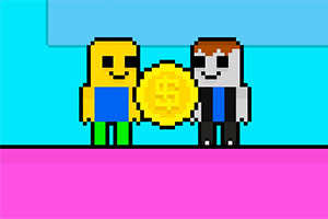 Dwie pikselowe postacie w jasnych kolorach trzymające dużą złotą monetę na niebiesko-różowym tle