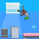 Postać w stylu pikselowym unosząca się w powietrzu w pokoju z łóżkiem, szafkami i pieniędzmi w dłoni