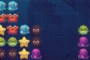 Kolorowe, uśmiechnięte morskie stworzenia, takie jak ryby, kraby, rozgwiazdy i ośmiornice, ułożone w rzędach na ciemnoniebieskim tle z siatką