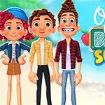 Trzy kolorowe, animowane postacie stoją przed napisem Ocean Kids Back to School na tle plaży z morzem