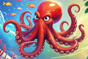 Czerwona ośmiornica z dużymi oczami otoczona kolorowymi rybami na podwodnym tle