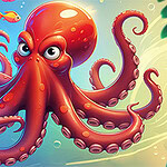 Czerwona ośmiornica z dużymi oczami otoczona kolorowymi rybami na podwodnym tle