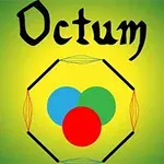 Napis „Octum” w czarnym gotyckim stylu, poniżej trzy kolorowe koła (niebieskie, zielone, czerwone) w sześciokątnym wzorze na zielono-żółtym tle