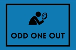 Czarna ikona osoby z lupą na niebieskim tle z napisem ODD ONE OUT