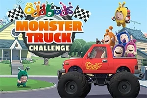 Postacie w kolorowych kombinezonach jadą w czerwonej ciężarówce monster truck, z animowanymi domami w tle, oraz flagami z szachownicą