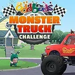 Postacie w kolorowych kombinezonach jadą w czerwonej ciężarówce monster truck, z animowanymi domami w tle, oraz flagami z szachownicą