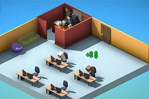 Izometryczny widok biura z pracownikami przy komputerach i postacią w gabinecie