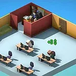 Izometryczny widok biura z pracownikami przy komputerach i postacią w gabinecie