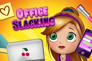 Postać z dużymi zielonymi oczami, otoczona przedmiotami biurowymi i technologicznymi, na żółtym tle z fioletowym napisem