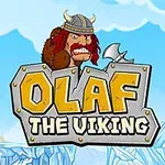 Postać wikinga w hełmie z rogami i brodą nad napisem OLAF THE VIKING na tle lodowego krajobrazu
