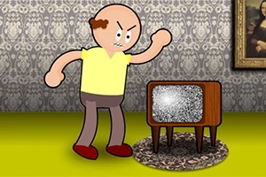 Kreskówkowa postać z gniewnym wyrazem twarzy i zaciśniętą pięścią stoi przy starym telewizorze z szumem ekranowym we wnętrzu z tapetą i obrazem na ścianie