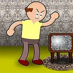 Kreskówkowa postać z gniewnym wyrazem twarzy i zaciśniętą pięścią stoi przy starym telewizorze z szumem ekranowym we wnętrzu z tapetą i obrazem na ścianie