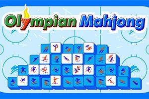 Niebieskie kafelki mahjonga z ilustracjami sportowców na tle lodowiska z napisem Olympian Mahjong u góry