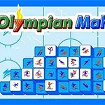 Niebieskie kafelki mahjonga z ilustracjami sportowców na tle lodowiska z napisem Olympian Mahjong u góry