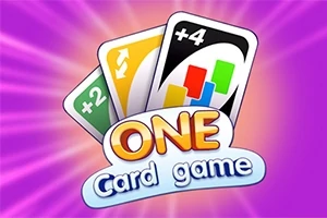 Trzy karty z kolorowymi symbolami na fioletowym tle z napisem ONE Card game