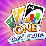 Trzy karty z kolorowymi symbolami na fioletowym tle z napisem ONE Card game