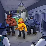 Trzy antropomorficzne postacie: dzik, kaczka i goryl, stoją w korytarzu więziennym, obserwowane przez strażników z głowami wilków