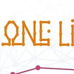 Pomarańczowy napis „ONE LINE” zbudowany z kropek połączonych liniami na tle sieci punktów i linii