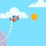 Mały samolot latający w niebieskim niebie obok żółtej gwiazdy, w tle chmury i góry