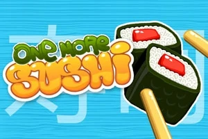 Kolorowe logo z napisem One More Sushi obok dwóch kawałków sushi z pałeczkami na niebieskim tle