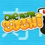 Kolorowe logo z napisem One More Sushi obok dwóch kawałków sushi z pałeczkami na niebieskim tle