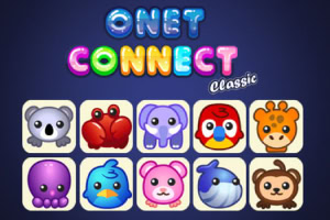 Kolorowy napis Onet Connect Classic nad rzędem dziewięciu ikon przedstawiających urocze zwierzęta, takie jak koala, krab, słoń, papuga, żyrafa, ośmiornica, ptak, myszka, wieloryb i małpka, na granatowym tle