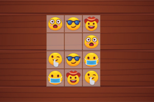 Emoji ułożone w siatkę 3x3 na drewnianym tle, przedstawiające różne emocje i akcesoria, takie jak okulary przeciwsłoneczne, kapelusze i maski
