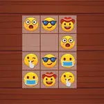 Emoji ułożone w siatkę 3x3 na drewnianym tle, przedstawiające różne emocje i akcesoria, takie jak okulary przeciwsłoneczne, kapelusze i maski