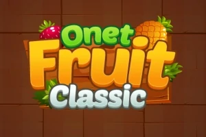 Napis Onet Fruit Classic z kolorowymi literami i owocami na tle drewnianych paneli